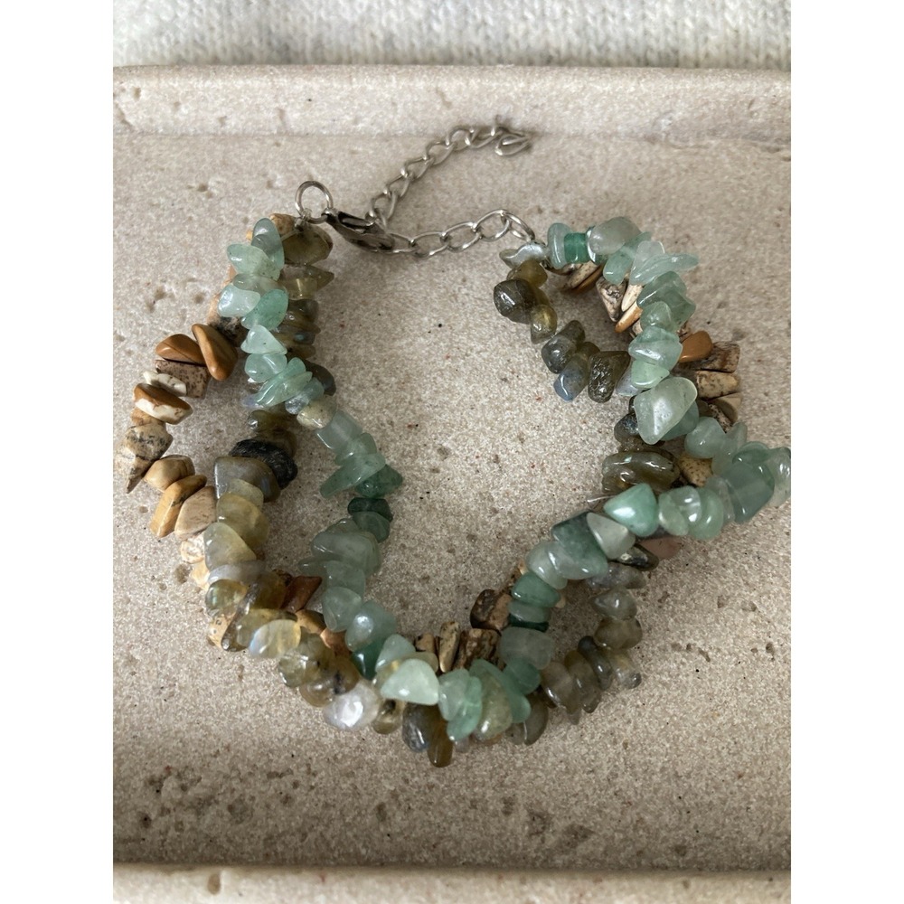 Natural Stone Chip Bead Bracelet Multi Strand Green Brown Semi Precious Gemstone
